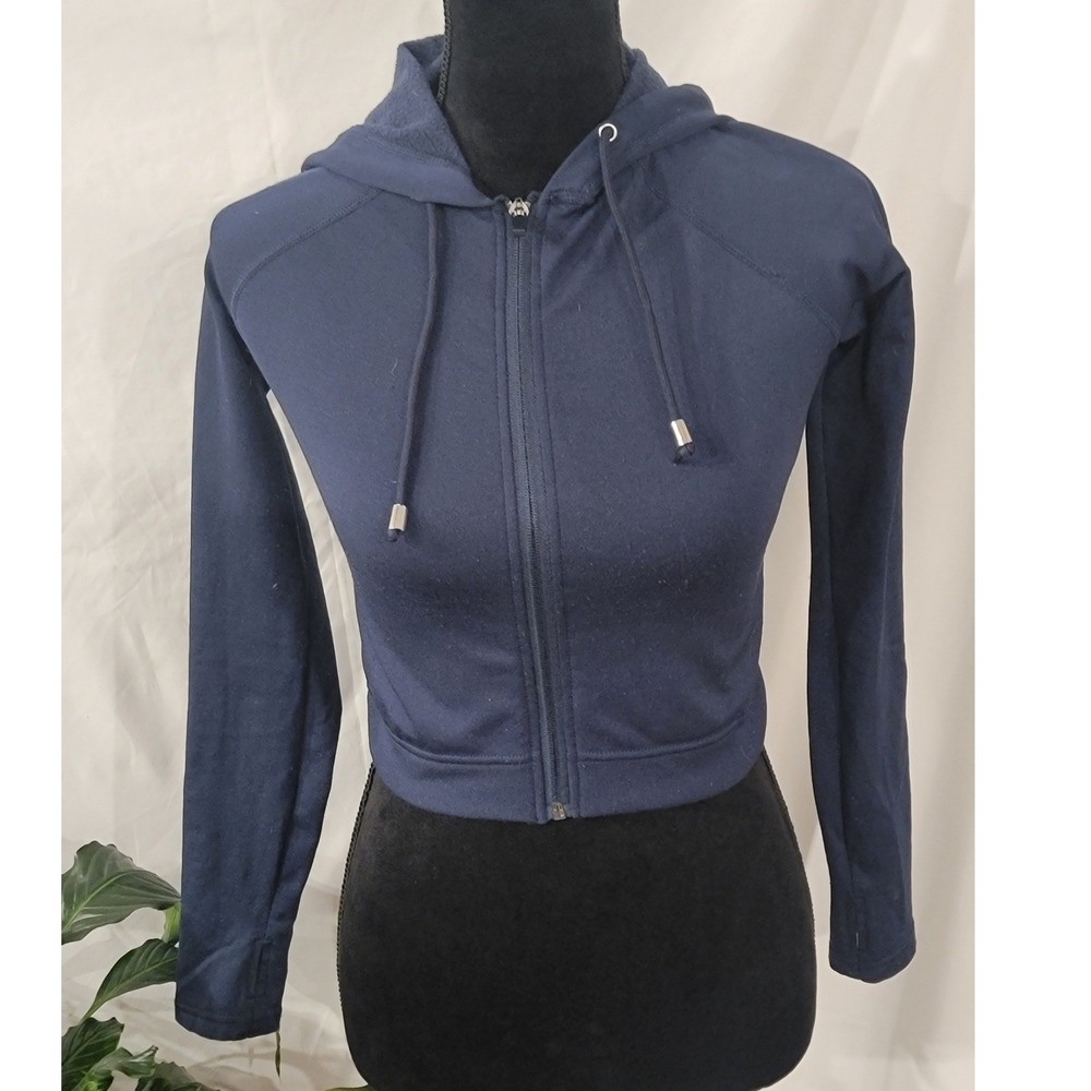 Navy Blue Cropped Zip Up Hoodie Athletic Fitted Sweatshirt withâ Thumbholes